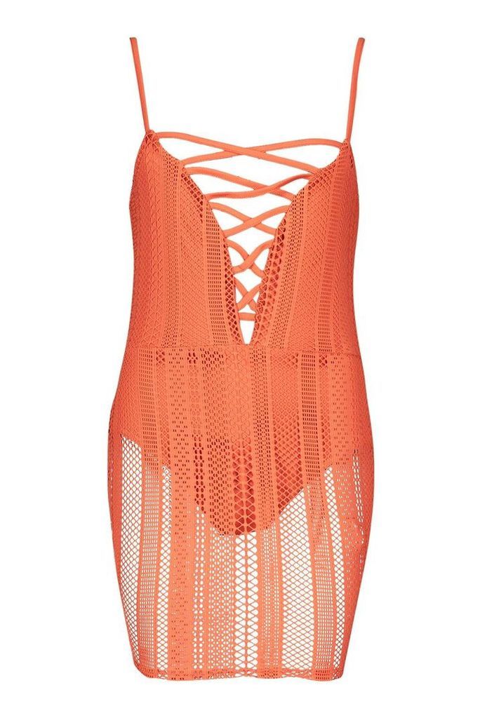 Womens Fishnet Lace Up Plunge Mini Dress - orange - 8, Orange