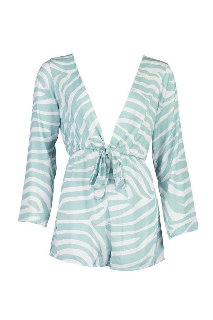 Womens Pastel Zebra Knot Front Playsuit - green - 8, Green