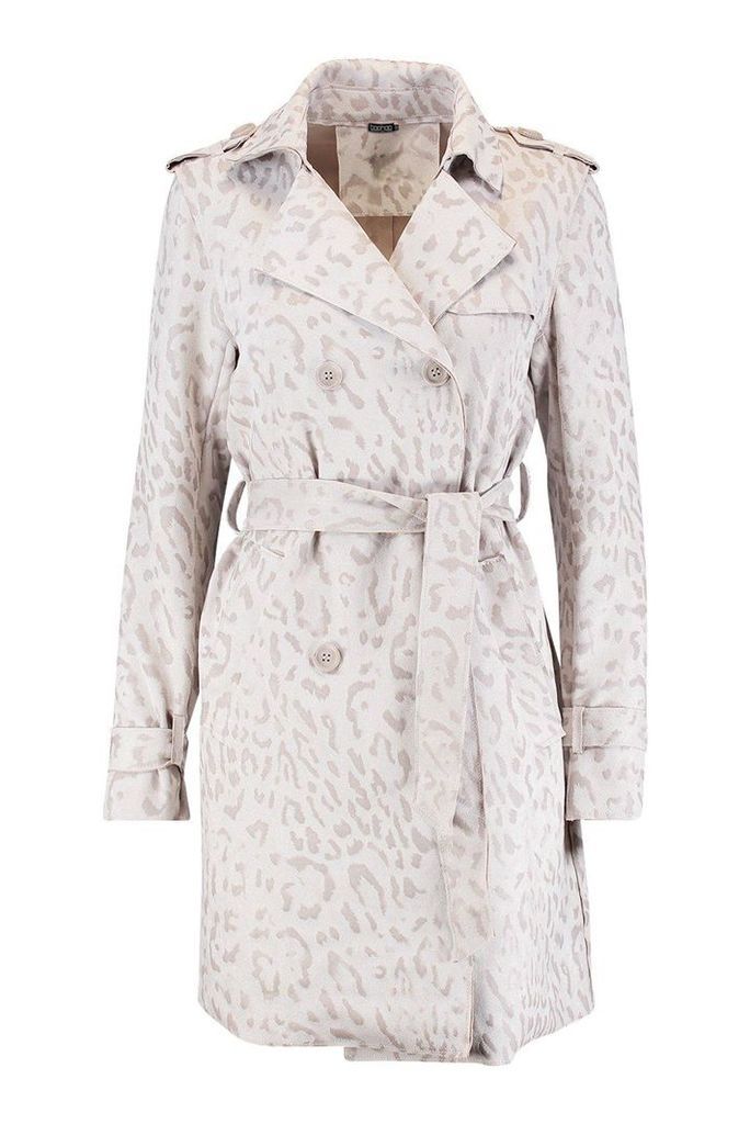 Womens Suedette Leopard Print Belted Trench - grey - L, Grey