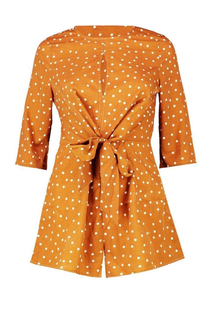 Womens Twist Front Tie Polka Dot Playsuit - orange - 8, Orange
