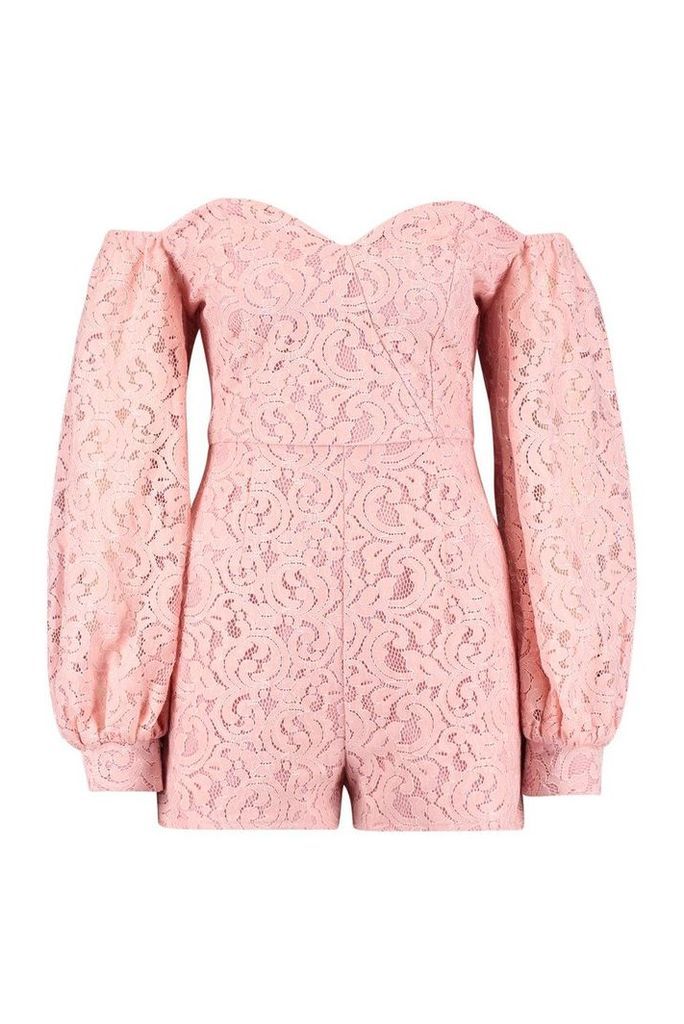 Womens Corded Lace Volume Sleeve Playsuit - Pink - 14, Pink