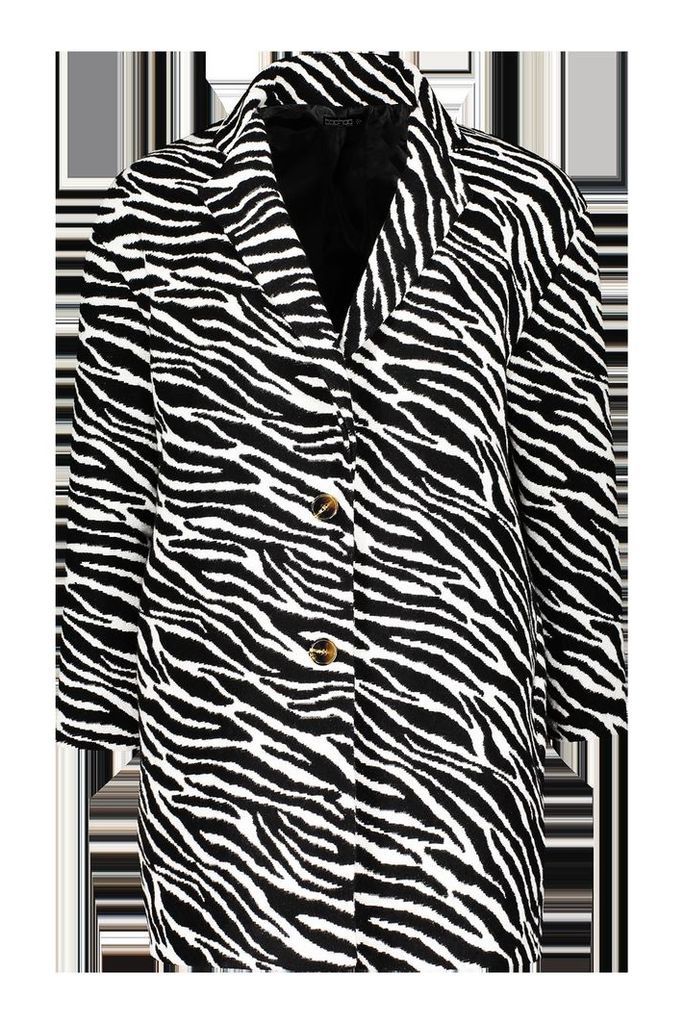 Womens Zebra Print Oversized Wool Look Coat - black - 8, Black