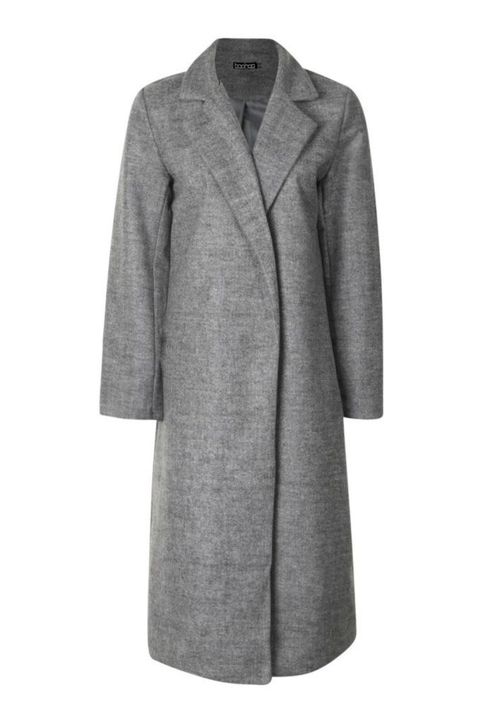 Womens Longline Collared Wool Look Coat - grey - 10, Grey
