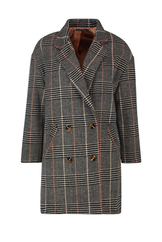 Womens Double Breasted Check Wool Look Coat - brown - 14, Brown