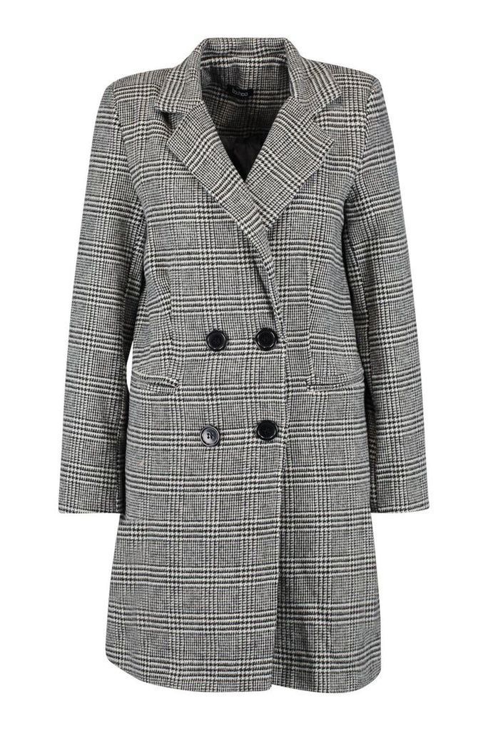 Womens Check Double Breasted Wool Look Coat - black - 12, Black