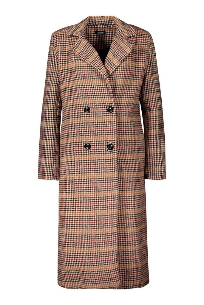 Womens Check Longline Wool Look Coat - brown - 12, Brown