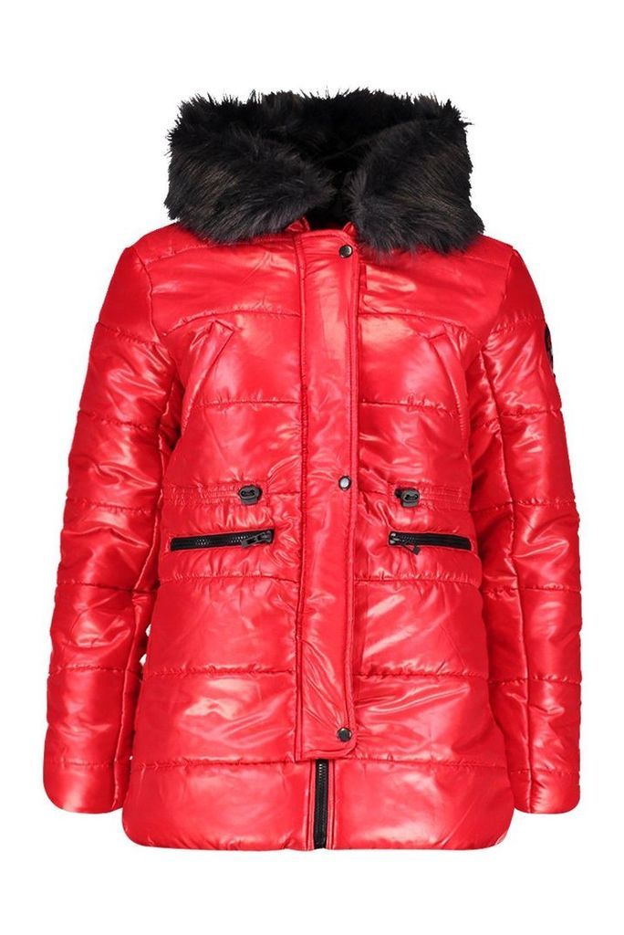Womens Cire Padded Faux Fur Hooded Parka - red - L, Red