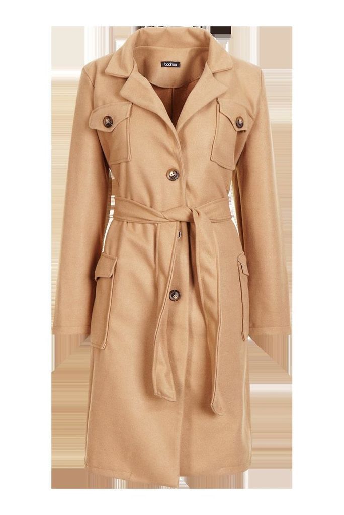 Womens Pocket Detail Wool Look Coat - beige - 10, Beige