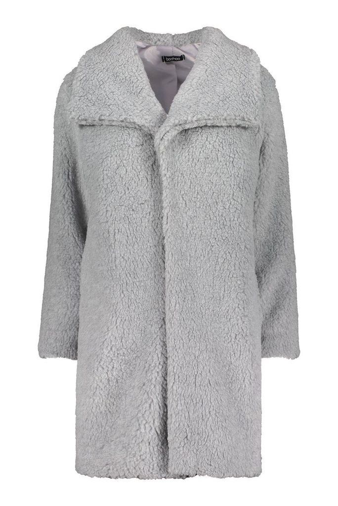 Womens Shawl Collar Teddy Faux Fur Jacket - grey - M, Grey
