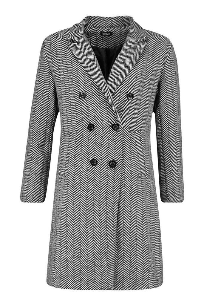 Womens Herringbone Double Breasted Wool Look Coat - black - 14, Black