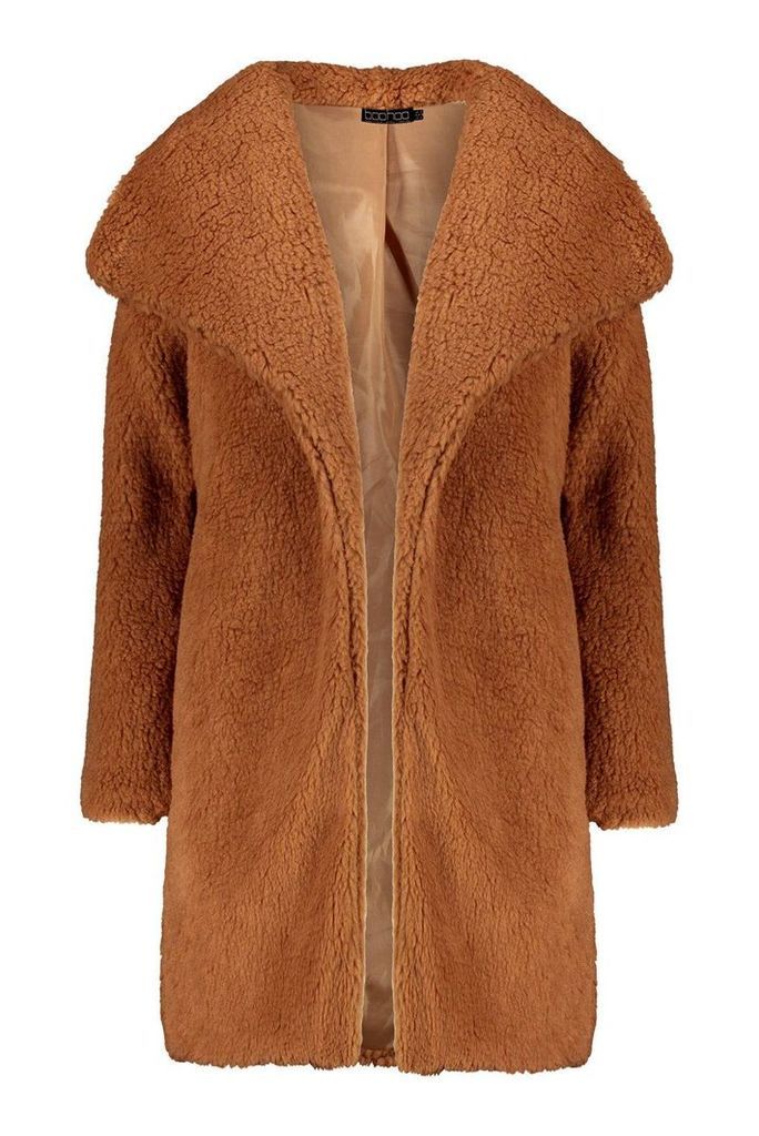 Womens Shawl Collar Teddy Faux Fur Jacket - Brown - M, Brown