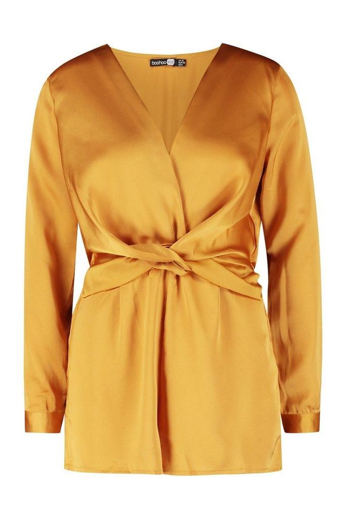 Womens Satin Twist Front Playsuit - Yellow - 12, Yellow