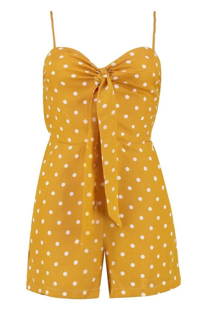 Womens Polka Dot Tie Front Playsuit - yellow - L, Yellow