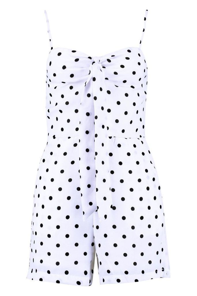 Womens Polka Dot Tie Front Playsuit - white - M, White