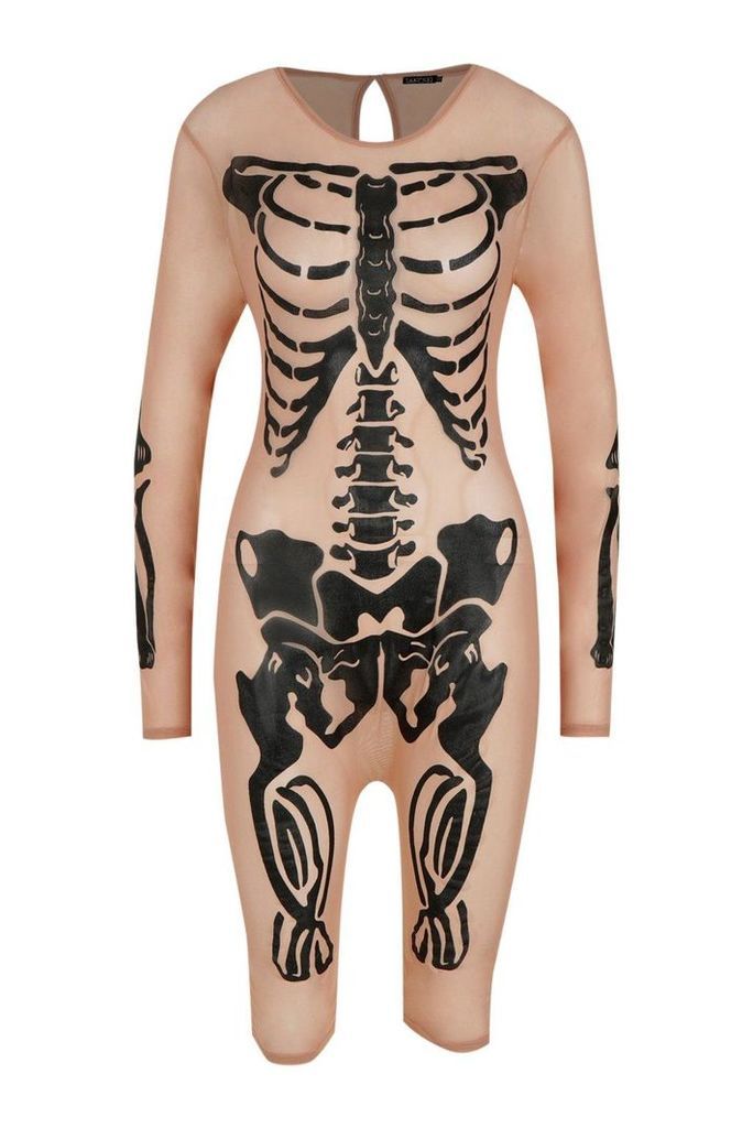 Womens Halloween Skeleton Mesh Playsuit - Beige - 14, Beige