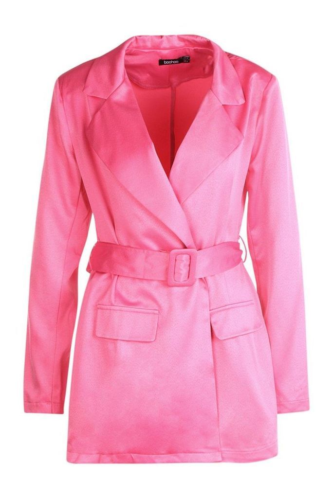 Womens Satin Belted Blazer Playsuit - Pink - 10, Pink