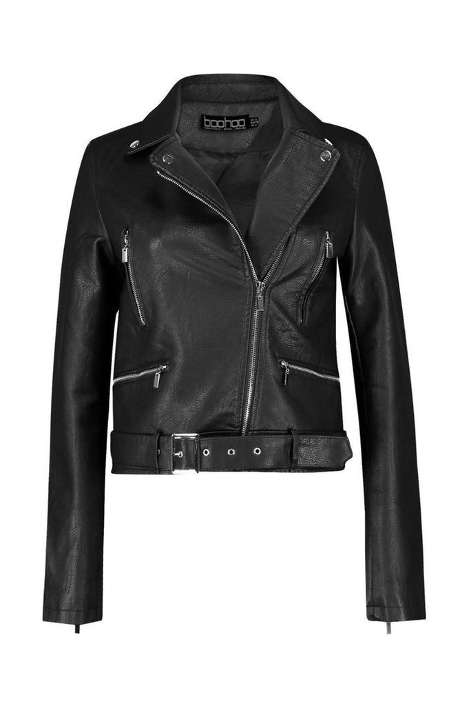 Womens Belted Pu Biker Jacket - black - XL, Black