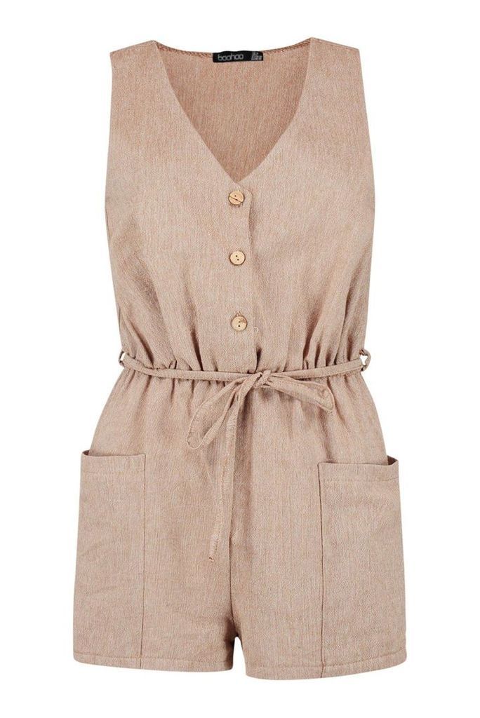 Womens Horn Button Down Pocket Playsuit - Brown - 8, Brown