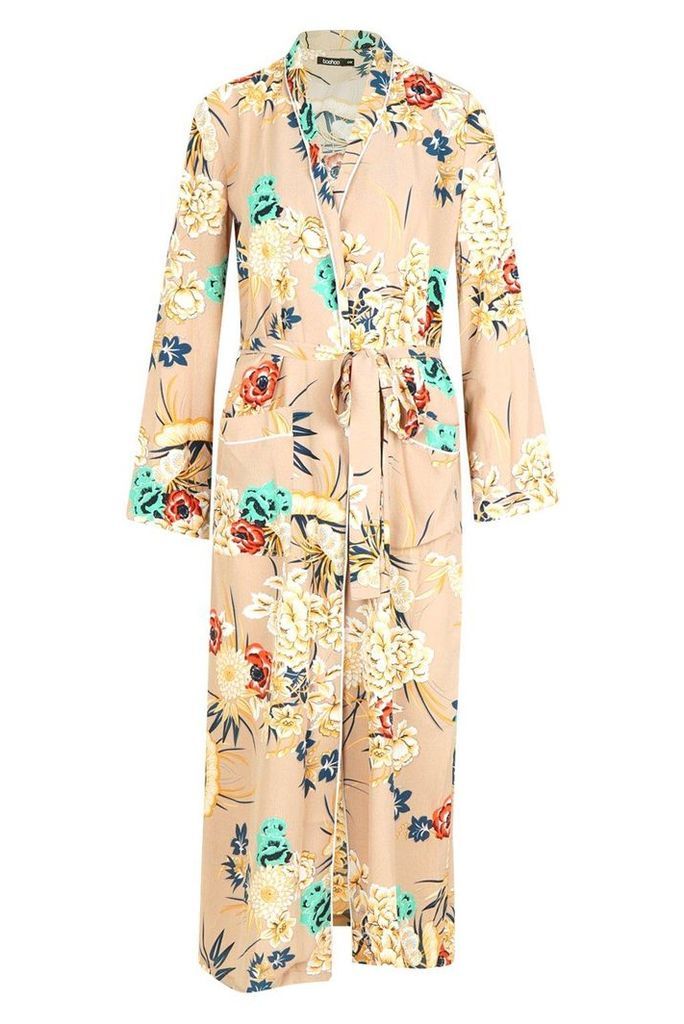 Womens Premium Floral Print Kimono - beige - M/L, Beige