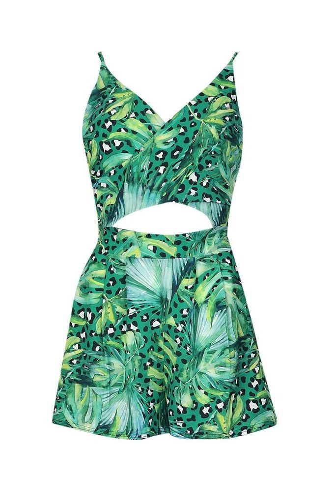 Womens Leopard Palm Mix Wrap Tie Back Playsuit - green - 8, Green