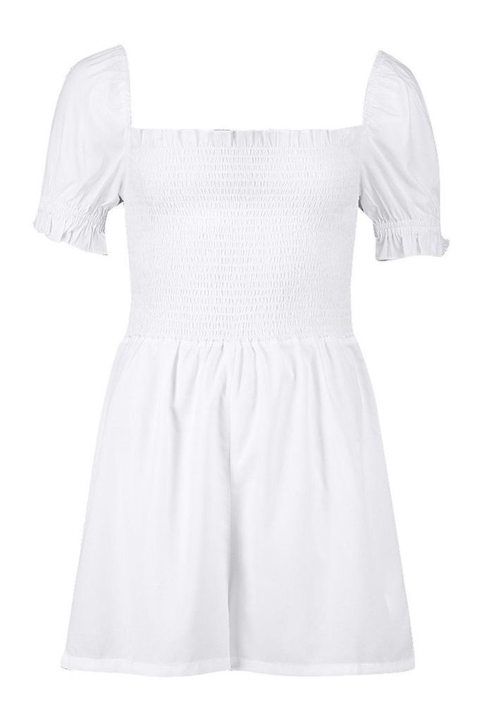 Womens Shirred Cap Sleeve Playsuit - white - 14, White