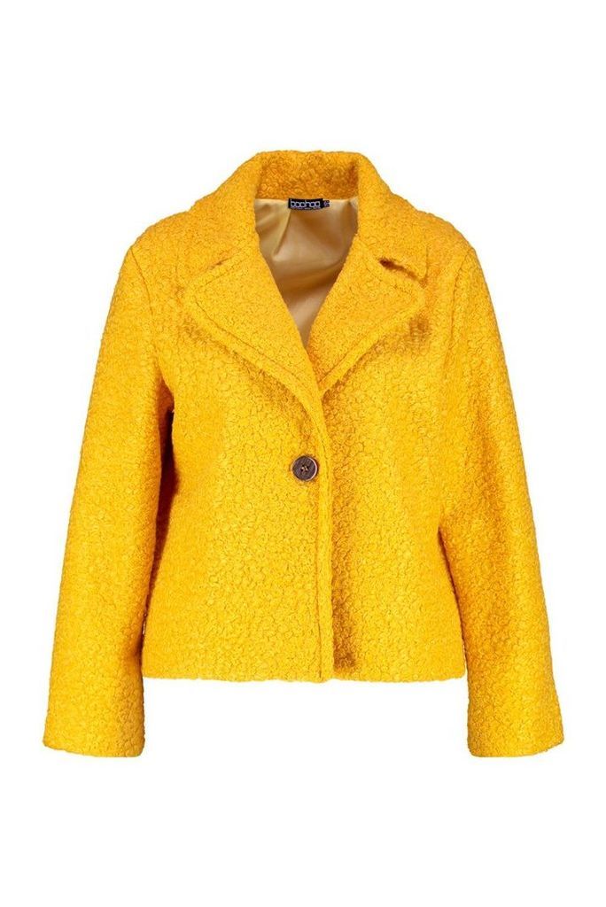 Womens Plus Short Button Faux Fur Teddy Coat - yellow - 16, Yellow