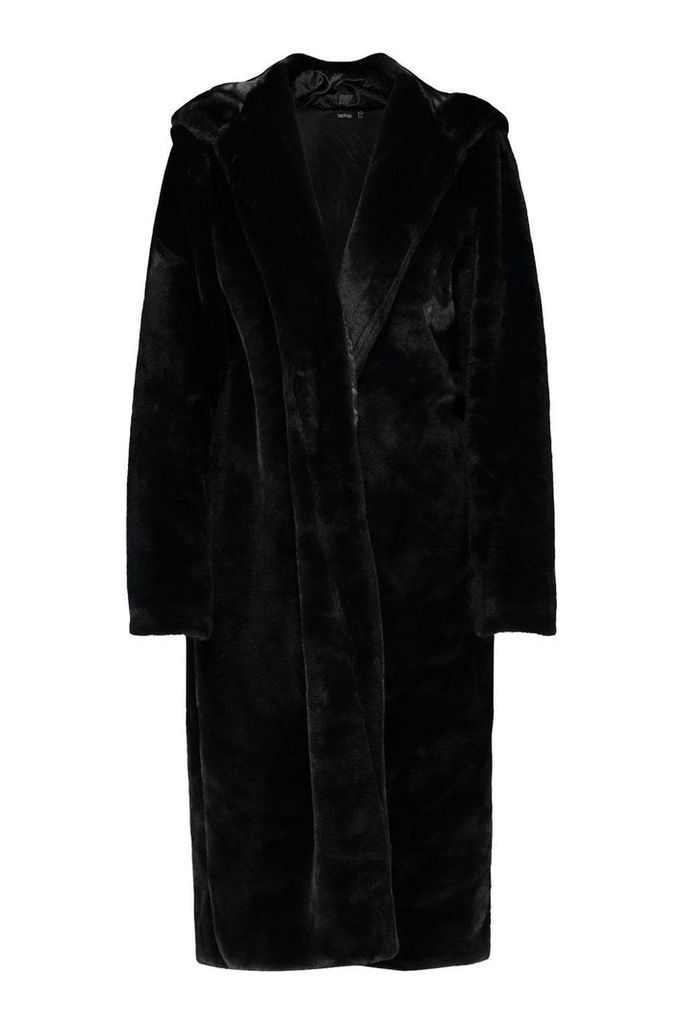 Womens Hooded Faux Fur Coat - black - 14, Black