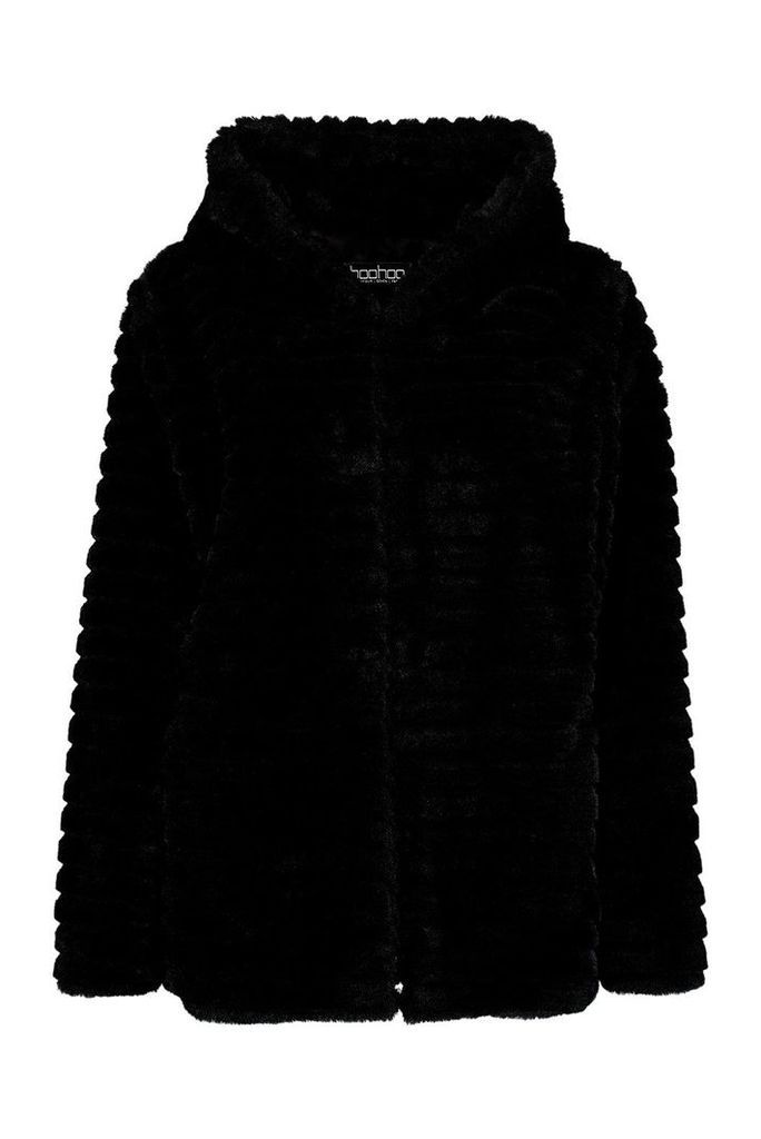 Womens Hooded Faux Fur Coat - Black - 12, Black