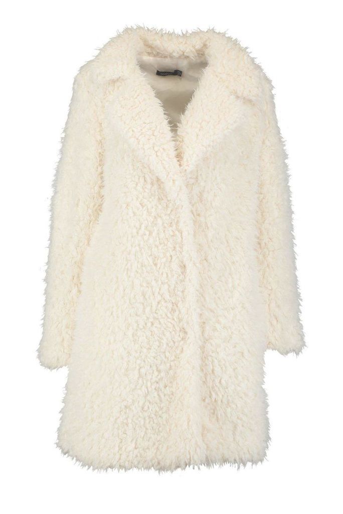 Womens Shaggy Faux Fur Look Coat - white - 14, White