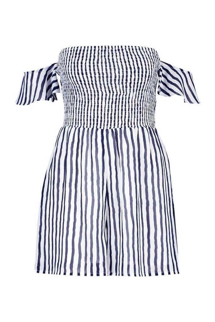 Womens Tall Stripe Shirred Tie Sleeve Playsuit - navy - 8, Navy