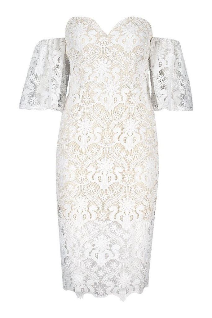 Womens Premium Flared Sleeve Lace Midi Dress - white - 6, White