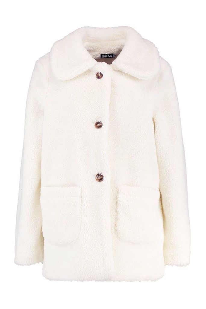 Womens Teddy Faux Fur Coat - white - 14, White