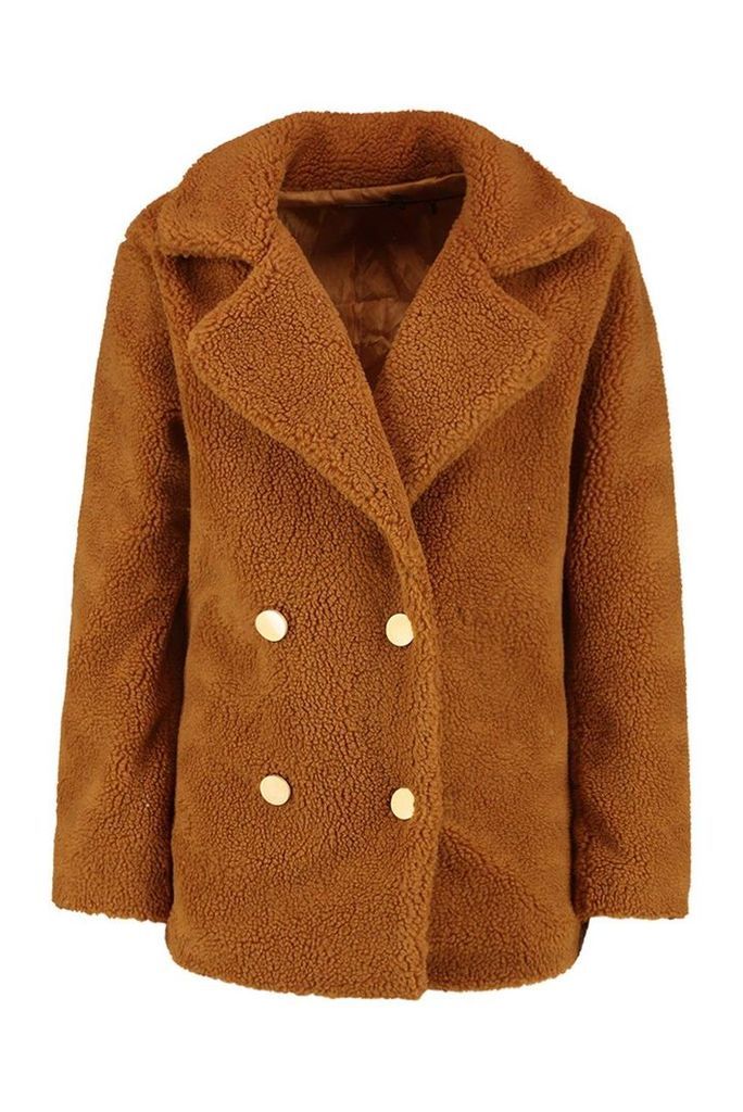 Womens Double Breasted Teddy Faux Fur Coat - Brown - 10, Brown