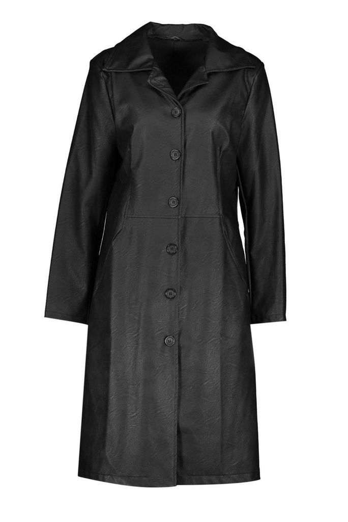 Womens PU Button Up Trench - black - 10, Black