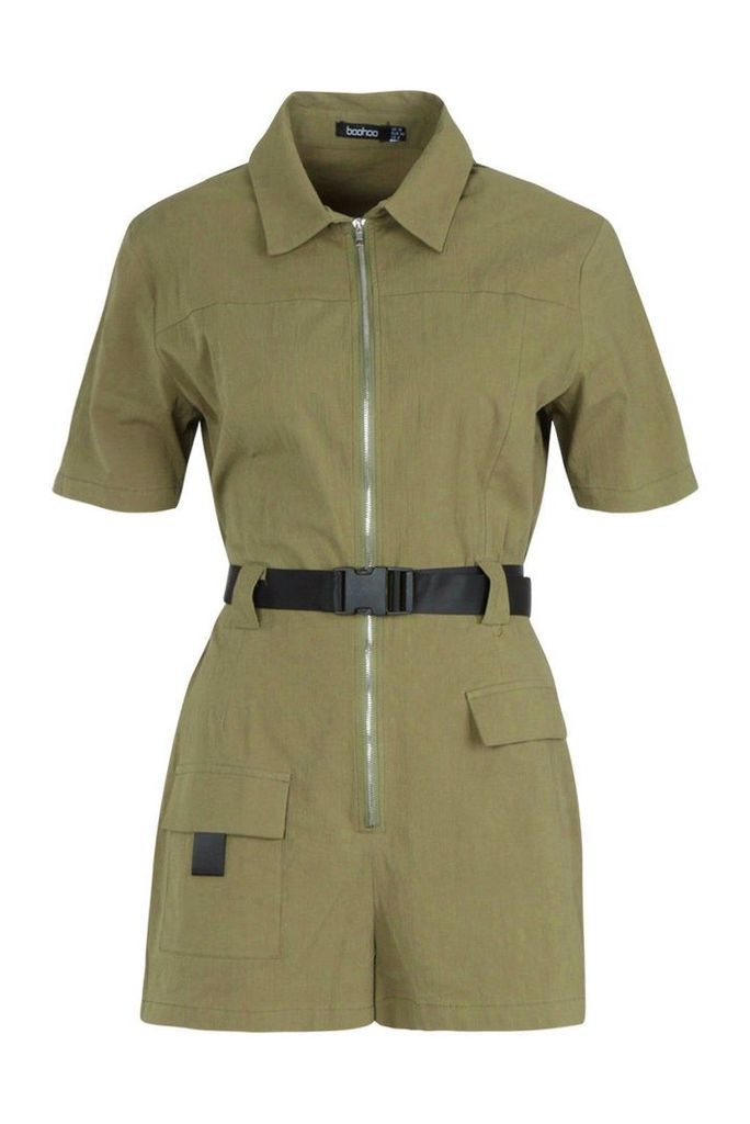 Womens Utility Safety Buckle Cargo Playsuit - Green - 12, Green