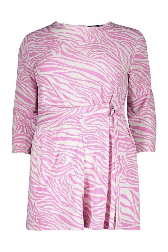 Womens Plus Zebra Print Belted Playsuit - Pink - 22, Pink
