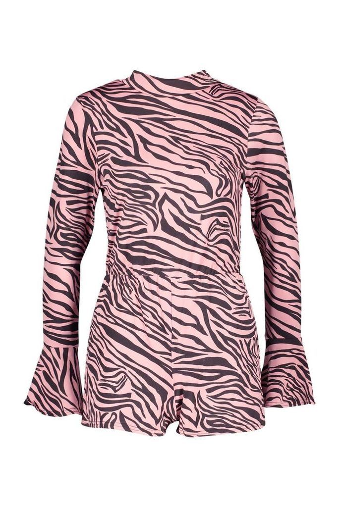 Womens Petite Pink Tiger Print High Neck Flare Sleeve Playsuit - 14, Pink