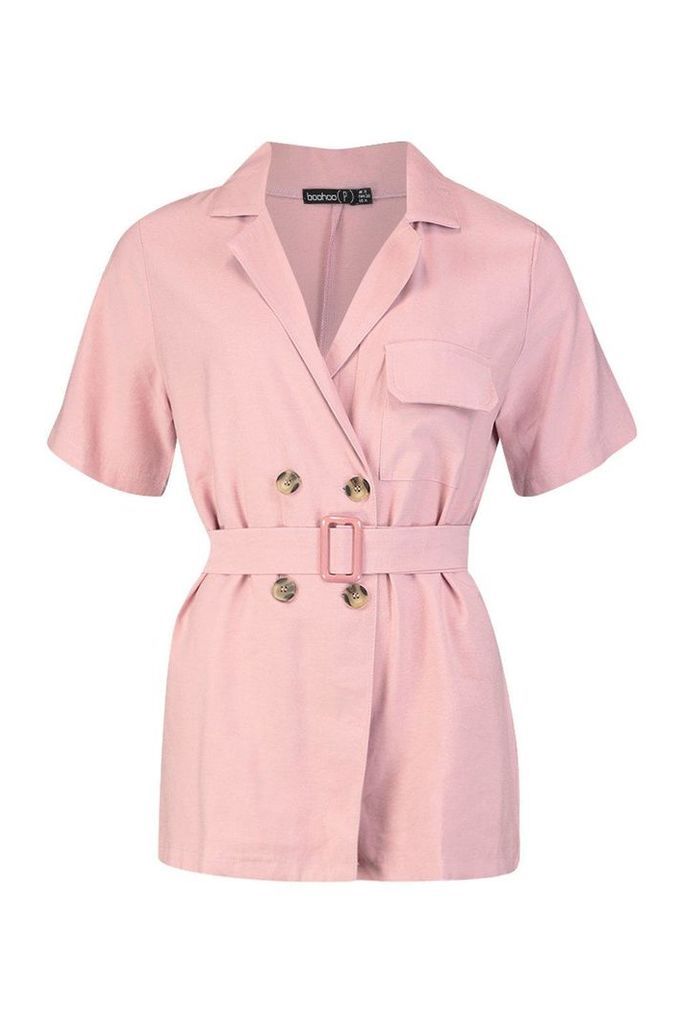 Womens Petite Linen Utility Belted Playsuit - pink - 12, Pink