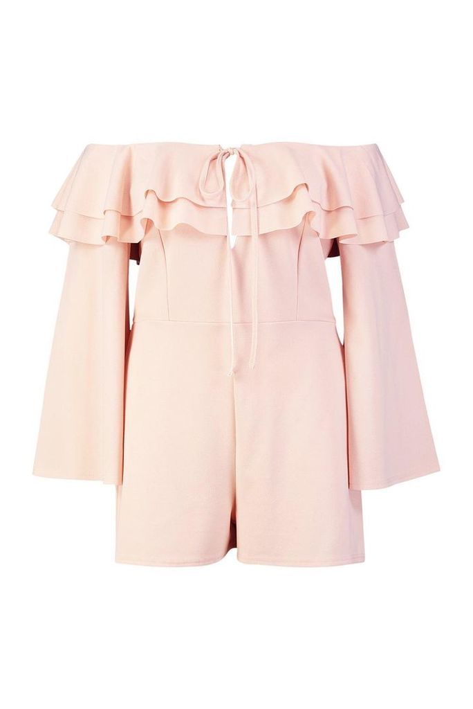 Womens Plus Off Shoulder Ruffle Flare Sleeve Playsuit - pink - 28, Pink
