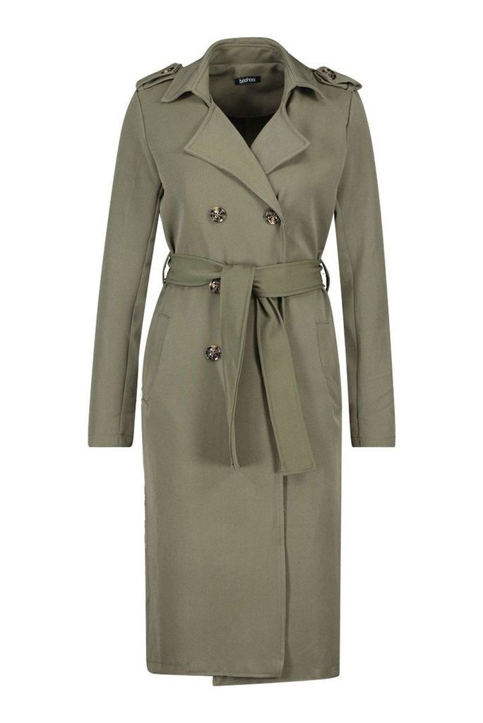 Womens Petite Utility Button Detail Trench Coat - Green - 14, Green