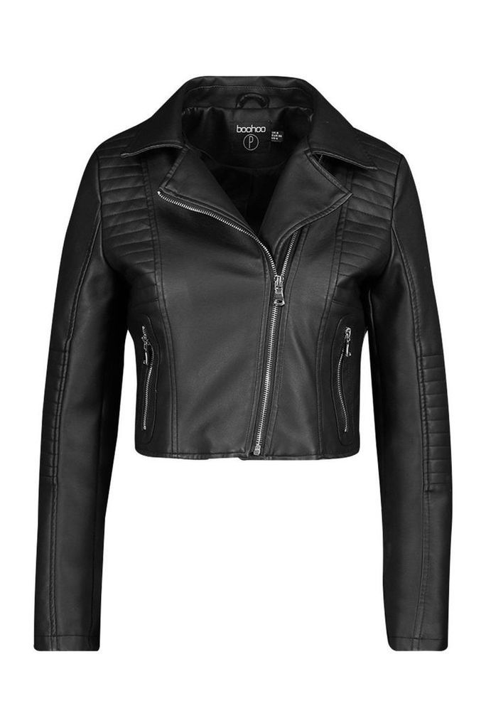 Womens Petite Leather Look Quilted Biker Jacket - black - 10, Black
