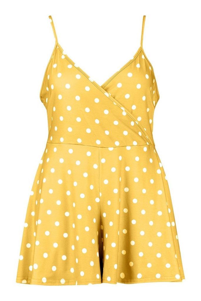 Womens Plus Polka Dot Spot Print Flippy Swing Playsuit - yellow - 22, Yellow