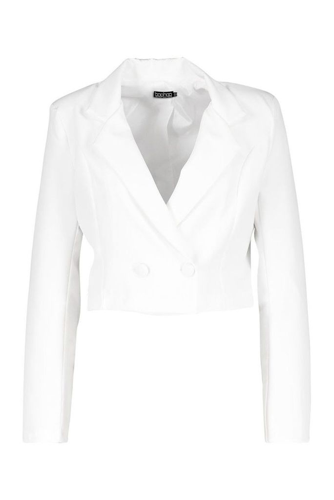 Womens Cropped Double Breasted Blazer - white - 14, White