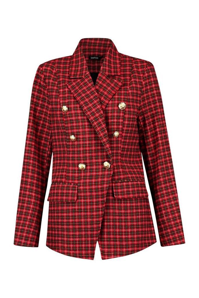 Womens Double Breasted Gold Button Tartan Blazer - red - 6, Red