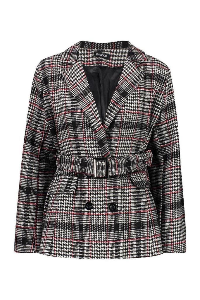 Womens Check Belted Wool Look Blazer - red - 8, Red