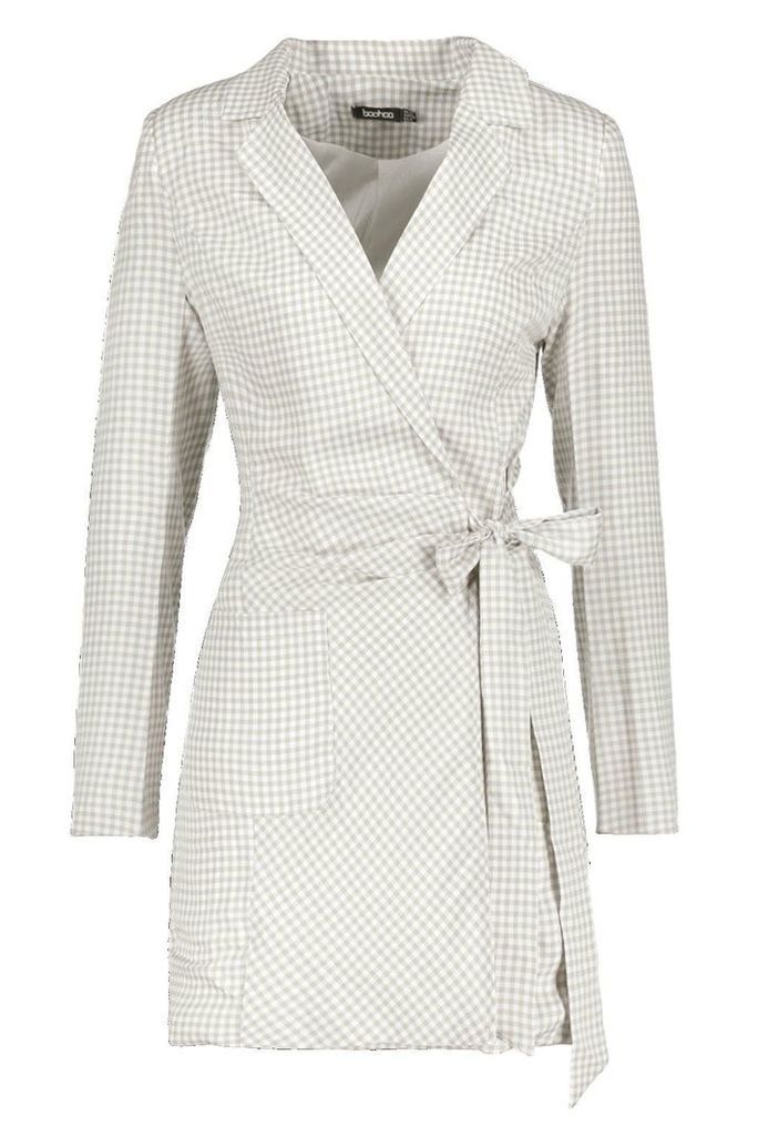 Womens Woven Longline Gingham Side Tie Blazer - cream - 10, Cream