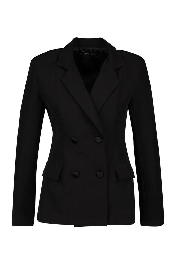Womens Petite Self Fabric Button Blazer - black - 8, Black