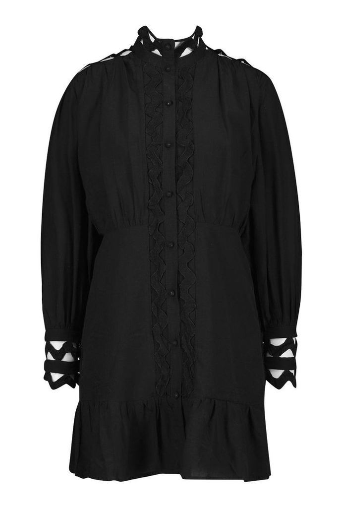 Womens High Neck Crochet Shirt Dress - black - 12, Black
