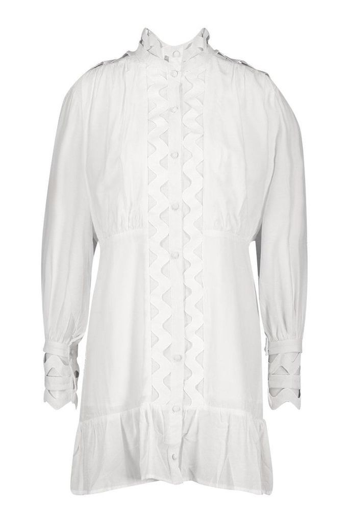 Womens High Neck Crochet Shirt Dress - white - 8, White