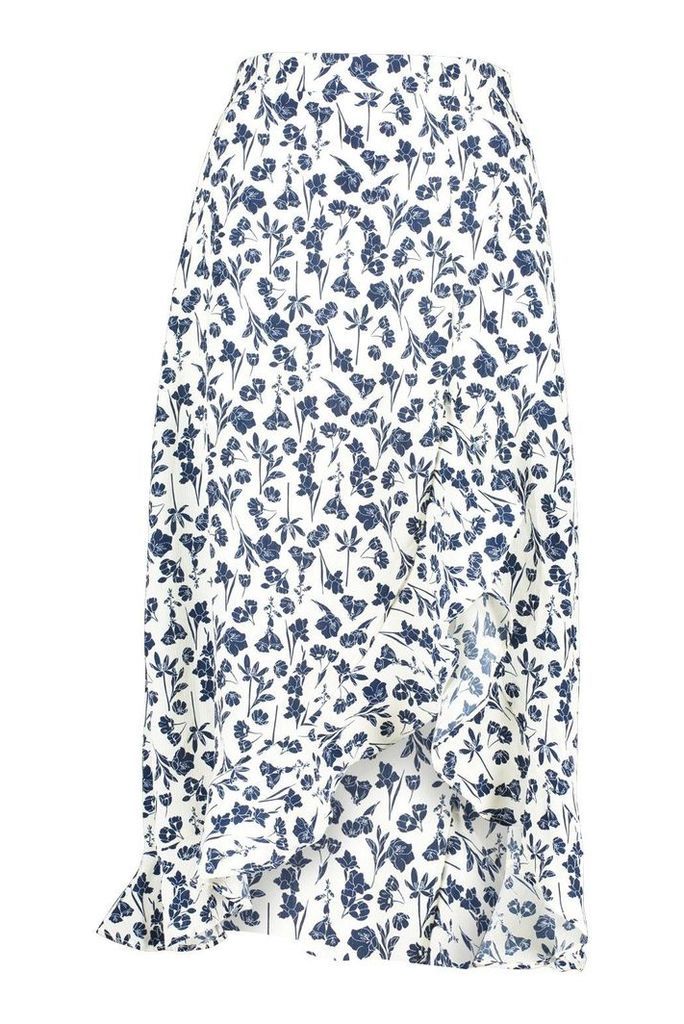 Womens Ruffle Front Floral Midi Skirt - Blue - 16, Blue